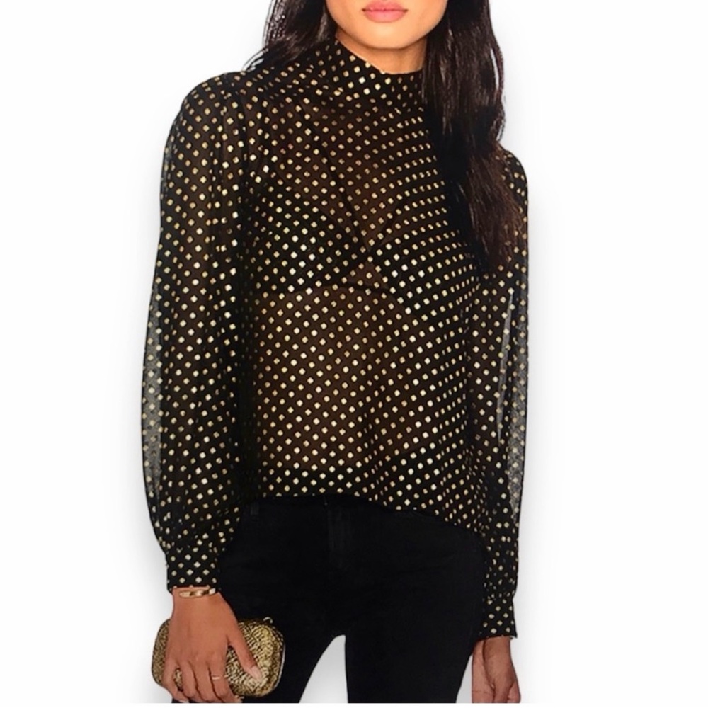 Revolve LPA Top XS in Gold Black Blouse Sheer Metallic Keyhole Polka Dots